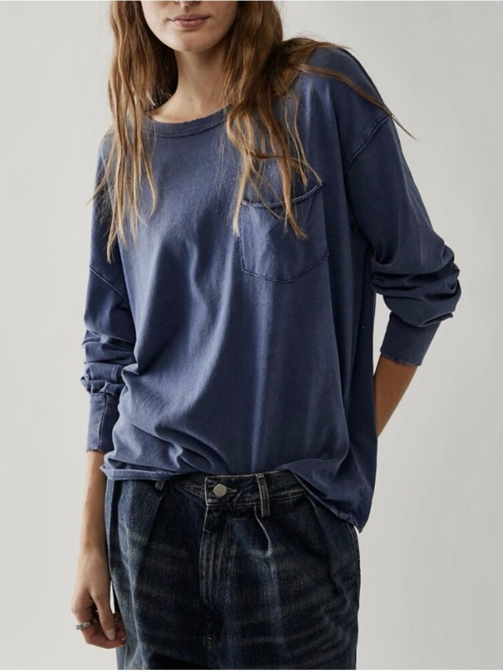 We The Free Washed Blue Long-Sleeve Pocket Relaxed Fit Tee Sz. M New